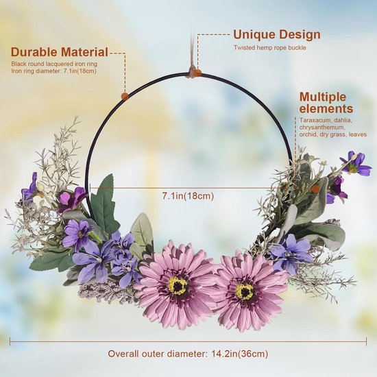 Deurkrans, krans, decoratie, kunstbloemen, gerbera, krans, slinger, welkom, slinger, lente, wandkrans, metalen decoratie, ringen, lentedecoratie voor Pasen, bruiloft, woonkamer, bruiloft