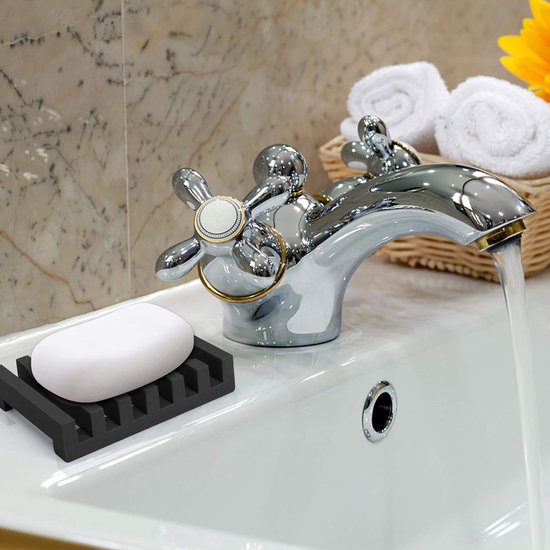 Set van 2 lange siliconen zeepbakjes, droogdesign zeepbakje, met zelflozende afvoer zeepbakje, voor keuken, doucheruimte, badkamer (zwart)