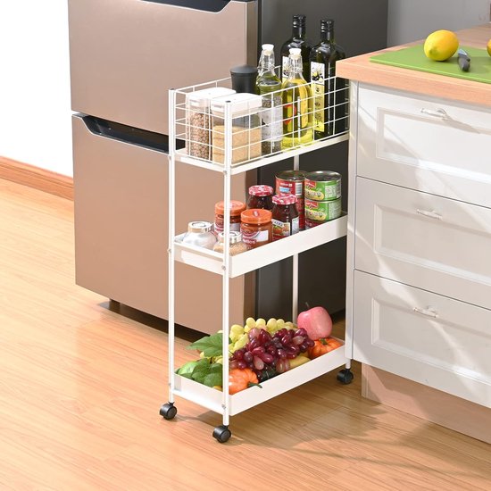 Keukenwagen met 3 niveaus, smalle rolwagen, nisrek op wieltjes, ruimtebesparend keukenrek en badkamerrek, multifunctionele trolley voor kleine beperkte ruimtes, keuken, kantoor en badkamer, eenvoudige montage, wit
