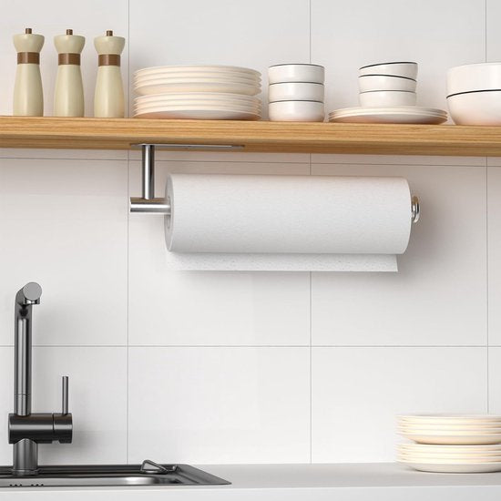 keukenrolhouder zonder boren met 2 zelfklevende haken, RVS houder voor Zewa keukenrol, keukenrolhouder voor wand en onder keukenkasten (zilver)
