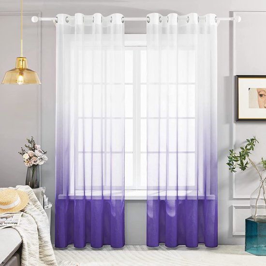 Voile Paars Gordijnen met Ringen 140 x 270 cm(Breedte x Hoogte), Kleurverloop Semi-Clear Transparante Gordijnen voor Woonkamer Slaapkamer Kinderkamer, Set van 2