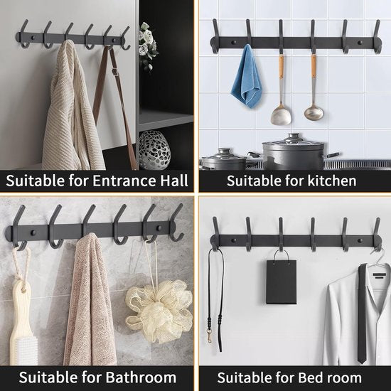 Wall Coat Hook, Coat Hook with 6 Hooks, Metal Hook Rack for Bedroom, Bathroom, Kitchen for Hanging Hat, Coat, Towel and Purse, Black