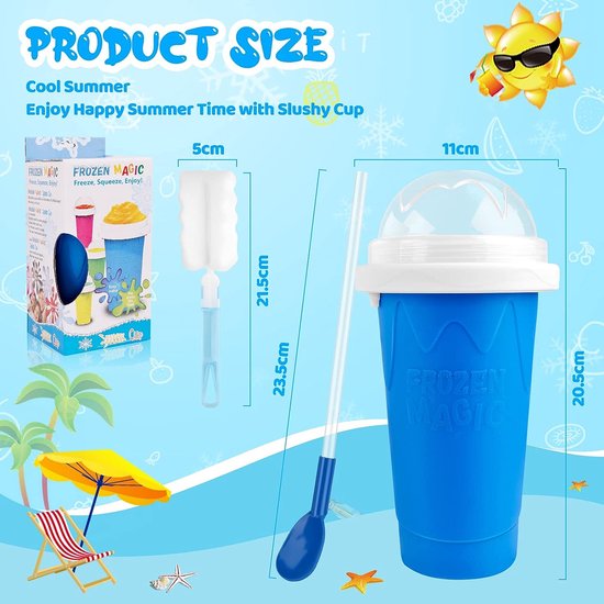 Slushy Mok, siliconen slushy maker beker met 2-in-1 rietje en lepel, slushy ijsbeker met reinigingsborstel, slushy maker cup voor de bereiding van verschillende dronken smoothies (blauw)