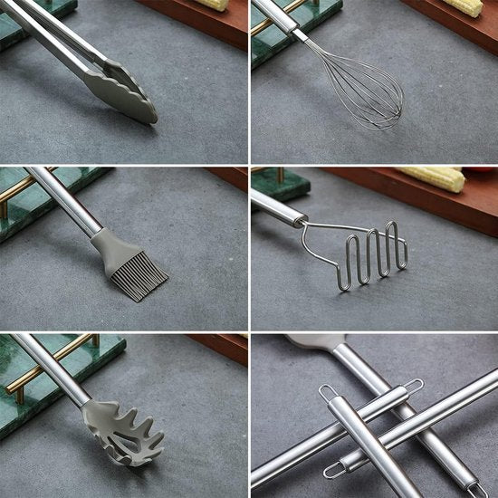 38-delige siliconen keuken-kookgereiset met keukengerei, siliconen kop en roestvrijstalen handgreep, kookgerei voor keukengerei (zilver)