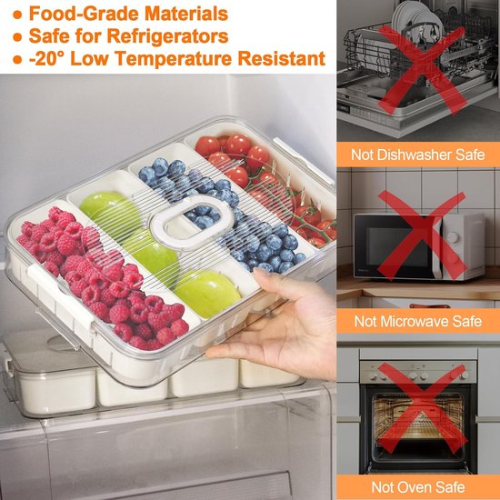 Snackdoos met compartimenten, 2 stuks snackbewaardoos, fruit- en groentebak met 8+4 compartimenten, voedselopslagcontainer voor koelkast en voorraadkast voor snacks, fruit en kruiden.