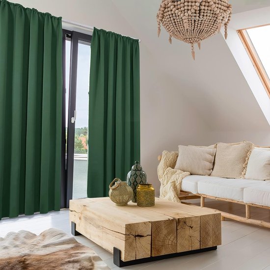 Verduisterend raamgordijn, Grárdine, gordijnen, zonwering met plooiband, dik thermogordijn, bescherming tegen kou, hitte, 290 x 140 cm (hoogte x breedte), bosgroen, set van 2
