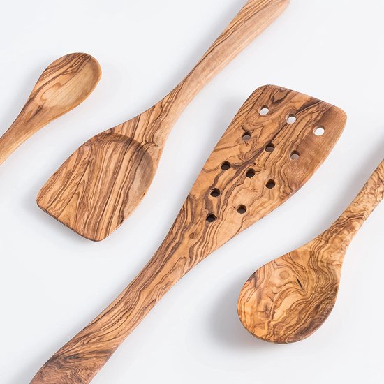 Houten Kooklepels Set van 3 met Extra Kleine Lepels - 30 cm - Handgemaakt - Hittebestendig en Krasbestendig - Keukengerei - Lepel, Spatel, Vaste Spatel en een Kleine S