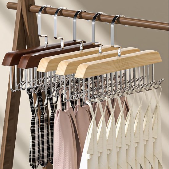 Houten kleerhangers, 4 sets, riemhangers van hout, hangers voor kleding met meerdere haken, 360 graden draaibare beugel, voor sjaalhangers, stropdassenhouder, riemhouder