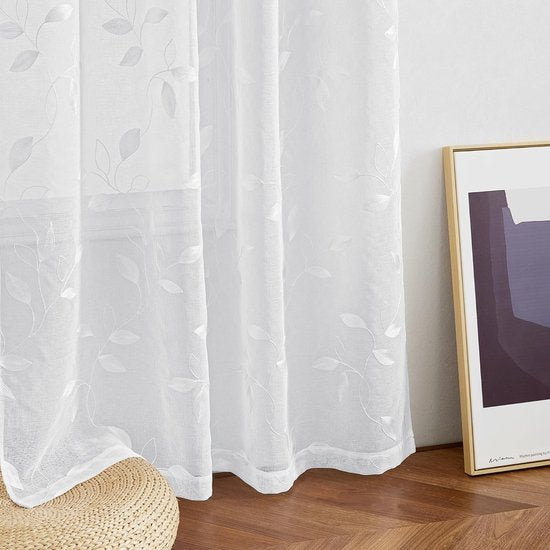 woonkamergordijnen, transparante voile gordijnen met oogjes, set van 2, H 245 x B 132 cm, linnenlook gordijnen met borduursel, wit transparant gordijn met bladmotief