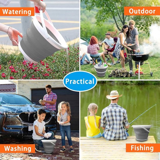 Siliconen opvouwbare emmer 10L is een handige, opvouwbare emmer die ideaal is voor thuis schoonmaken, kamperen, vissen, autowassen, keukengebruik en als draagbare watercontainer. De emmer is grijs van kleur.