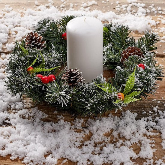 Kerstadventskrans, deurkransen met sneeuwvlokken, bessen en dennenappels, 32 cm