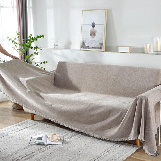 Bankspreideken voor 2/3/4 zitplaatsen, bankspreideken, banksprei, katoen, wasbaar, antislip, vuilafstotend, kussen, bankdeken, naadloos met kwastjes (180 x 260 cm, kaki)