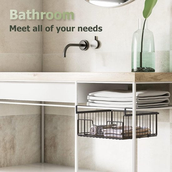 Set van 2 hangmanden, metalen hangmand, opbergorganisator voor onder de kast, perfecte opbergmand voor keuken, bureau en voorraadkast - zwart