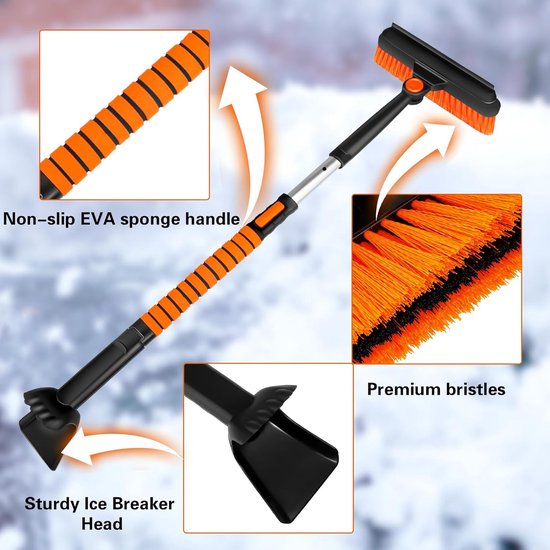 3-in-1 ijskrabber voor de auto, 3-in-1 ijsschraper voor de auto, met bezem, telescopische reinigingsborstel met rakel