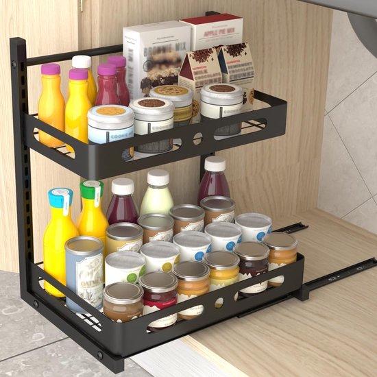 Metalen keukenrek, 2-traps kruidenrek, onder wastafel rek, uittrekbaar badkamer spoelkast organizer, in hoogte verstelbaar keukenkast staand rek