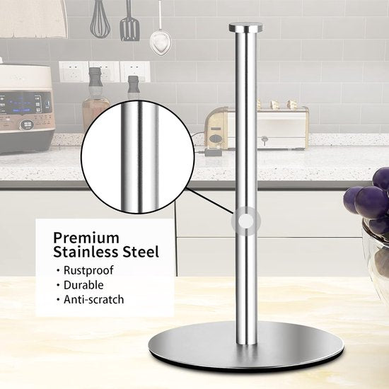 Keukenrolhouder Staande roestvrijstalen keukenrolhouder voor standaard en grote rollen voor keuken en eettafel werkblad (zilver)