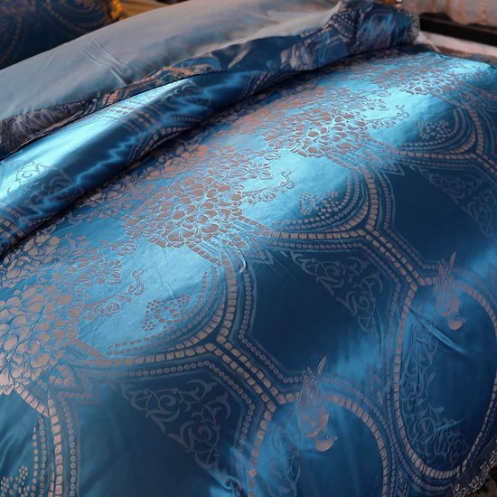 Beyeutao Beddengoed 200x200 jacquard dekbedovertrek blauw satijn beddengoed kant beddengoedsets 3-delig Paisley Damask dekbedovertrek kussensloop. (200x200cm + 2x80x80cm, blauw)