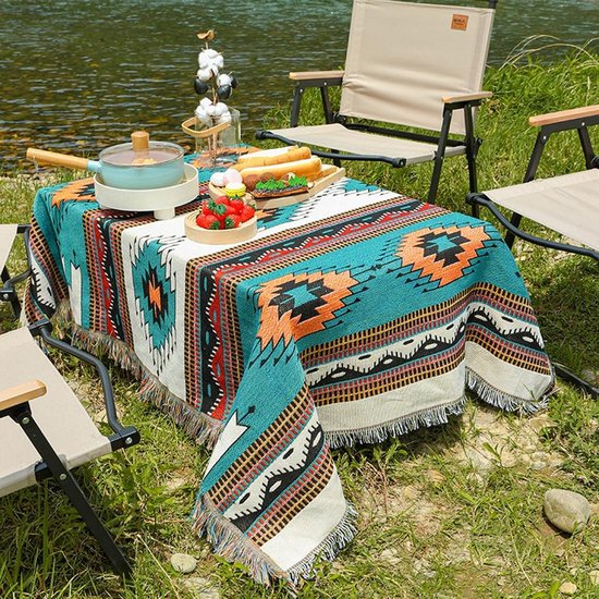 Boho Deken, bankdeken met kwast, Azteekse etnische stijl, omkeerbare deken, bankdeken, dagdeken, voor thuis, kantoor, reizen, tenten (bosgroen, 130 x 180 cm)