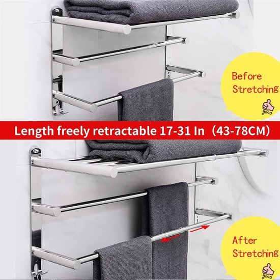 Towel Rail Extendible 43-78 cm Stainless Steel No Drilling Towel Rail Wall Shelf Suitable for Bathroom Kitchen Bath Towel Holder (3-Layer Shelf)