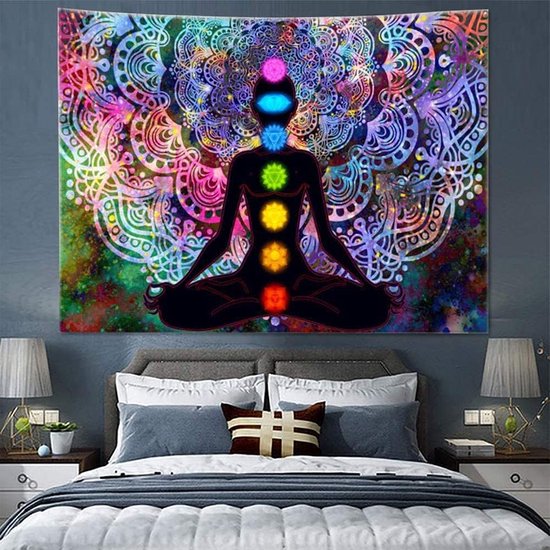 Mandala wandtapijt, kleurrijk mandala wandtapijt, zeven chakra wandtapijt, kleurrijk wandtapijt, met installatiekit, voor slaapkamer, woonkamer, slaapzaal, studio kamerdecoratie