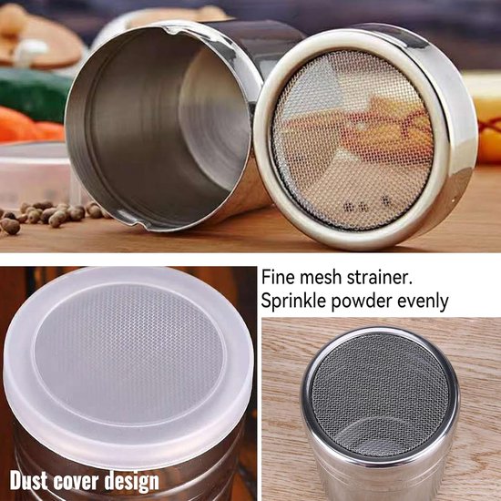 RVS poederstrooier, 2 stuks chocoladestrooier, cacaostrooier voor cappuccino, poedersuikerstrooier, poedersuikerstrooier, poedersuikermolen, cacaostrooier, schudbeker met deksel, meelstrooier, meelzeef