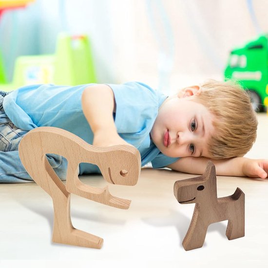 Familie Puppy Kat Houtsnijwerk Ornamenten, Natuurlijk Massief Hout Schattige Puppy, Kitten en Mensen Ambachten Standbeeld Sculptuur Ornament Home Decor (Mannen Kiss Puppy)