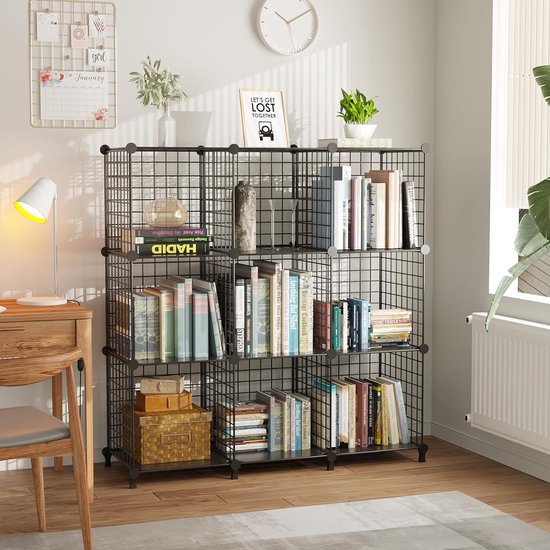 9 Plank Draadkubus Stapelbare Plankkubus DIY Metalen Rooster Plank Kubus Boekenplank Kubus Plank met Deuren voor Woonkamer, Slaapkamer, Badkamer Zwart