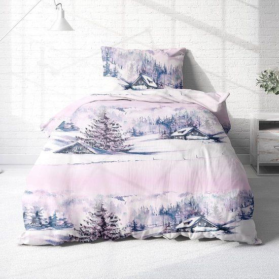 Flanellen beddengoed, 155 x 220 cm, roze - beddengoed voor Kerstmis, winterlandschap, lavendel - leuk winterbeddengoed