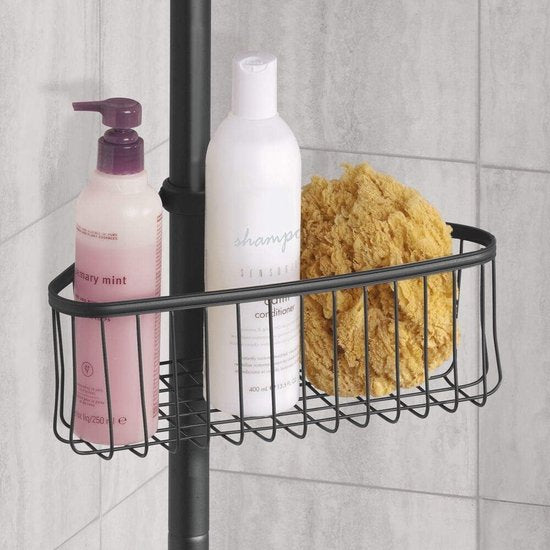 telescopische doucheregaal van metaal, shower caddy met uittrekbare stang voor shampoo, zeep, washandjes etc.. hoekdoucheregaal zonder boren, matzwart