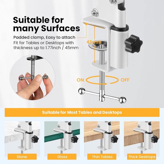 Mobiele telefoon scharnierarmhouder met smartphone-klem en 1/4 inch schroef lange mouwen mobiele telefoon houder scharnierarm Haterung (wit)