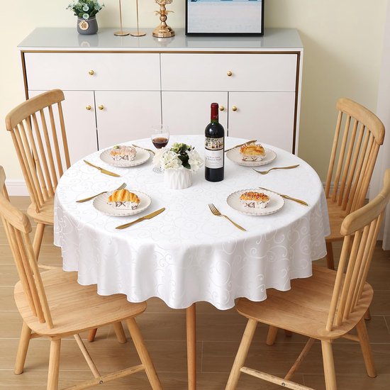 Tafelkleed afwasbaar, rond, 140 cm, polyester, tafelkleed, jacquard, tafellinnen, ornamenten, vuilafstotend, onderhoudsvriendelijk, wit
