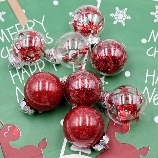 24 stuks kerstballen, rood, kerstballen, boomversiering, heldere kerstballen van kunststof, voor vakantie, bruiloft, kerstdecoratie, boomversiering (60 mm)