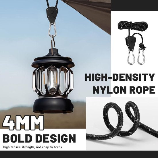 Klik op de afbeelding voor een uitgebreide weergave Set van 4 ratelhangers Verstelbare touwhanger 4M, 1/8 inch Rateltouw Trekratel Ratelhaak Verstelbare touwhaak Ratel Touwratel voor kamerplanten Buitentent (zwart)