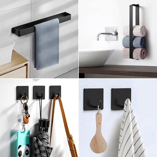 Handdoekhouder zonder boren, handdoekhouder voor gasten, zelfklevend, zonder boren, met 2 handdoekhaken, 42 cm (zwart)