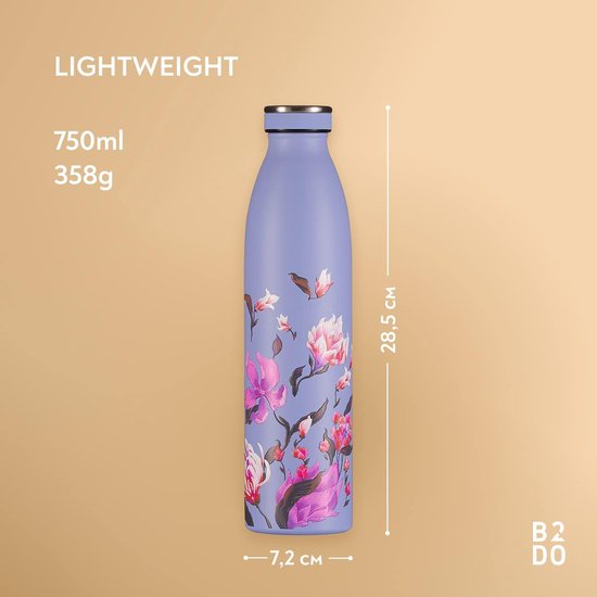 Drinkfles Lilac Lily, roestvrij staal, 750 ml, herbruikbare metalen thermosfles, met lekvrije vacuümisolatie, BPA-vrije waterfles voor sport, kantoor