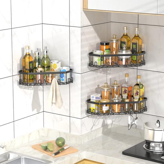 Douchehoekplank, doucheorganizer, douchehoekplank met 12 haken, 3 stuks zelfklevende roestvrijstalen doucheplanken voor badkameropslag (matzwart)