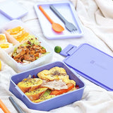 Lunchbox voor volwassenen, broodtrommel met 3 vakken, Bento Box met sauzenhouder en servies, lunchbox voor magnetron en vaatwasser, kunststof, BPA-vrij, als ontbijtbox, snackbox, paars