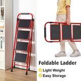 Trapladder, vouwladder met antislip en breed pedaal, kleine ladder met handvat, robuuste stalen ladder, lichtgewicht en draagbare trapladder (rood, 4 treden met leuningen)