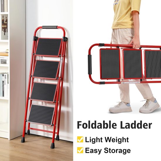 Trapladder, vouwladder met antislip en breed pedaal, kleine ladder met handvat, robuuste stalen ladder, lichtgewicht en draagbare trapladder (rood, 4 treden met leuningen)