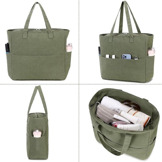 Grote strandtas met ritssluiting dames waterdichte schoudertas draagtas shopper zanddicht met ritssluiting zwembad fitness reistas familie, legergroen canvas