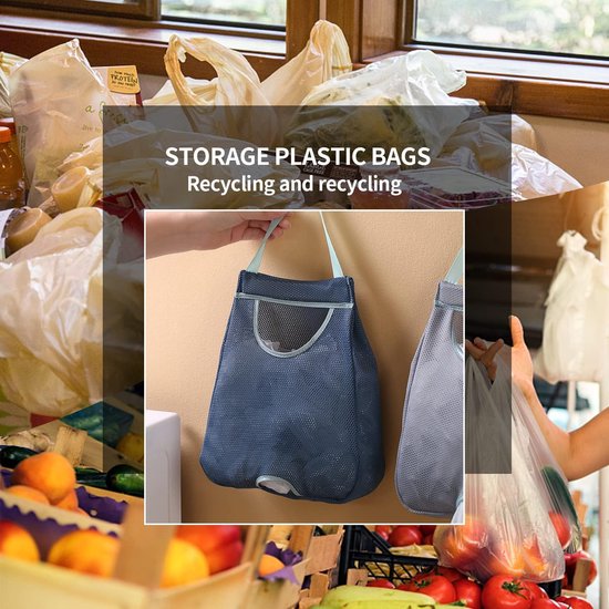 Plastic zakhouder, vuilniszakhouder, boodschappentas, plastic zakken, organizer, opvouwbaar, hangend, ademend, net-afvalzakken, herbruikbare plastic zakdispenser voor thuis en keuken, 2 stuks