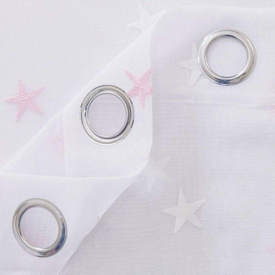 Voile gordijnen linnenlook gordijn met ogen decosjaal met borduurwerk ster, 183 x 140 cm (hoogte x breedte), roze, set van 2