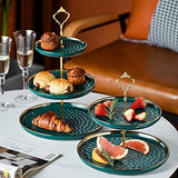 Cupcake-standaard, keramiek, taartstandaard met 3-laags ingelegde gouden dieren, tafels, fruitborden voor salontafel, decoratie, cupcake en borden, dessert, standaard (groen)