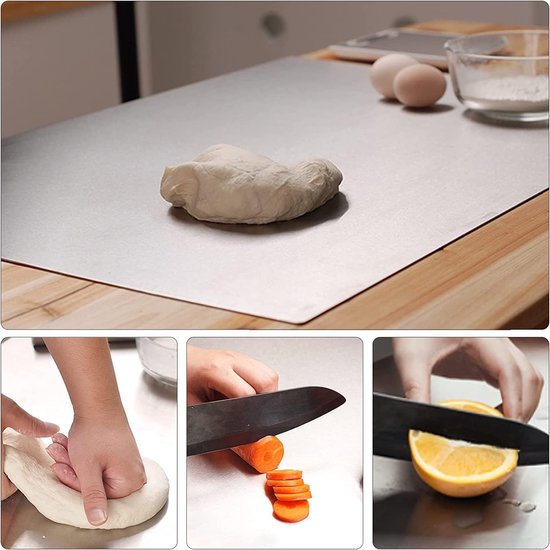 50 x 50 cm Stainless Steel Worktop Kitchen Professional Large Stainless Steel Plate Chopping Board Kitchen Board Baking Board with Non-Slip Mat for Kneading Pizza, Bread, Dough, Chocolate, Cake