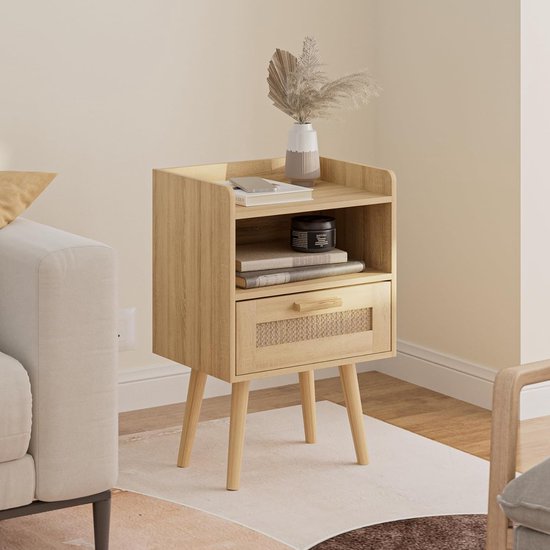 Rotan nachtkastje, bijzettafel met lade, nachtkastje met houten poten voor slaapkamer, woonkamer, natuurlijk eikenhout