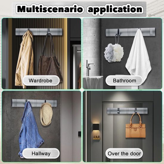 Kapstokhaak met 5 beweegbare haken, moderne kapstokhaakwand voor slaapkamer, badkamer, keuken, kapstok voor jassen, jassen, sjaals, handtassen en meer, grijs