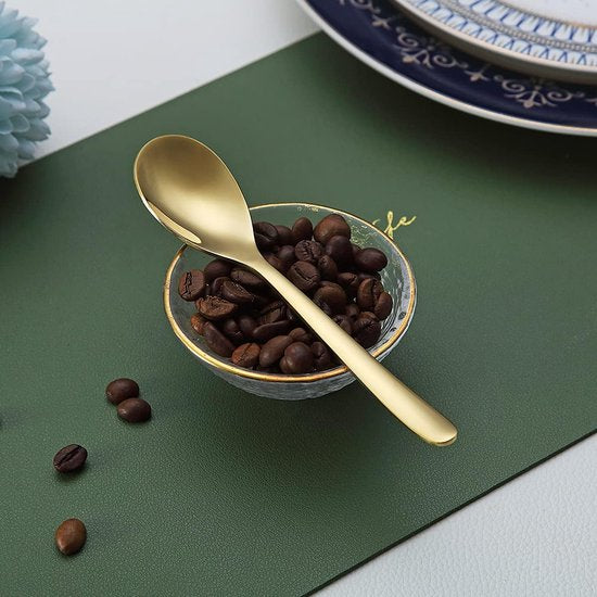Gouden koffielepels, 6 stuks, roestvrij staal, titanium coating, vergulde theelepels, espressolepel, dessertlepel, theelepel, kleine mini-lepelset voor feestjes, vaatwasmachinebestendig