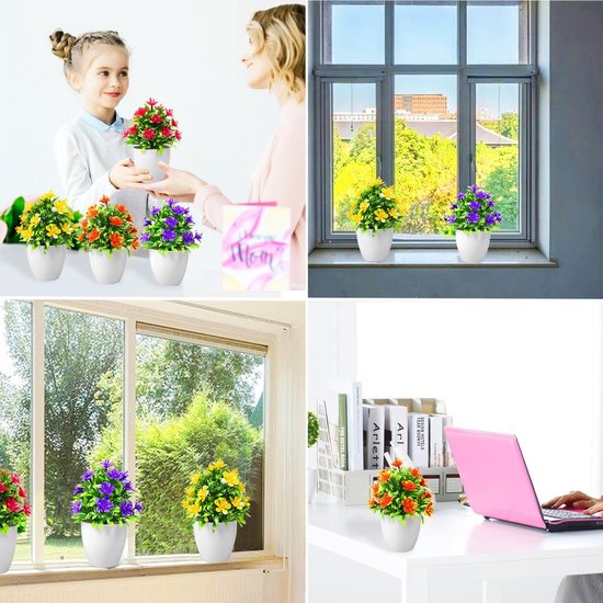 6 stuks kunstbloemen in pot, kunstplanten, kunstbloemen, kleine kunstplant, mini-kunstplanten, binnen en buiten, kleine kunstbloemen voor kantoor, woonkamer, thuis, doe-het-zelf