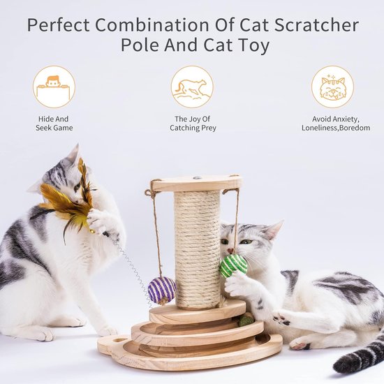 Houten kattenspeelgoedroller 2-laags draaitafel Interactief kattenspeelgoed met veren, 3-in-1 kittenspeelgoed Interactieve ballen en hangende ballen en kattenkrabben