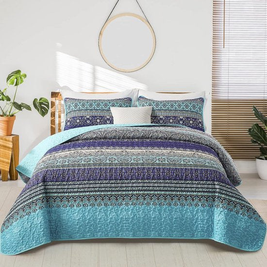 Sprei van 200 x 220 cm, bedsprei, bohodeken, dekbed, 3-delig, tweepersoonsbed, doorgestikt, microvezel, woondeken met 2 kussenslopen van 50 x 75 cm, voor slaapkamer, blauw